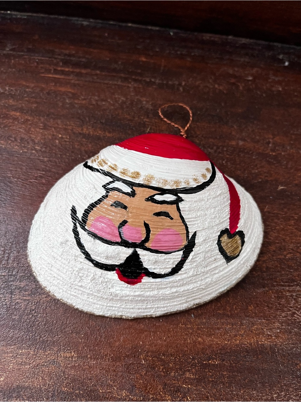 Hand-Painted Beach Shell White and Red Santa Holiday Christmas Ornament